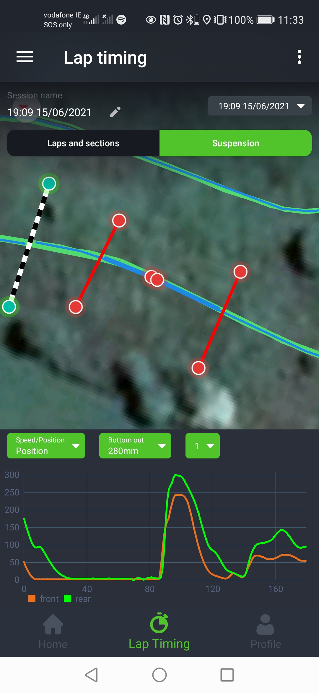 Motocross data logger app suspension bottoming analysis view